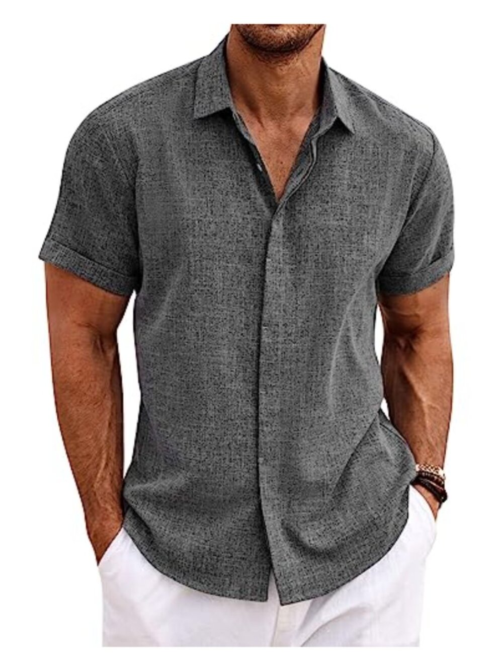 Men's Linen Button Down Shirt Short Sleeve Casual Summer Beach Wedding